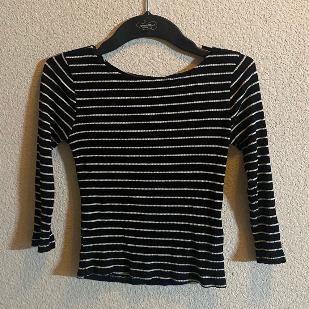 Black and white striped crop tee, size S/M, soft and stretchy